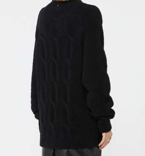 Detailed view of the Curvone Sweater in Black, highlighting its cozy fabric composition of 80% wool and 20% polyamide, made in Italy.