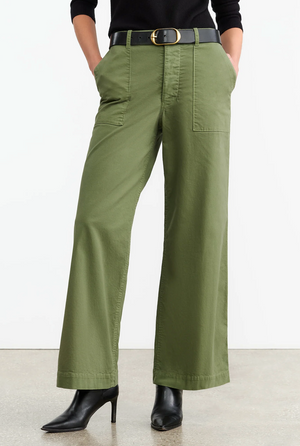 Leon Boy Pant in Camo with a zip fly and button closure, demonstrating the twill cotton fabric.