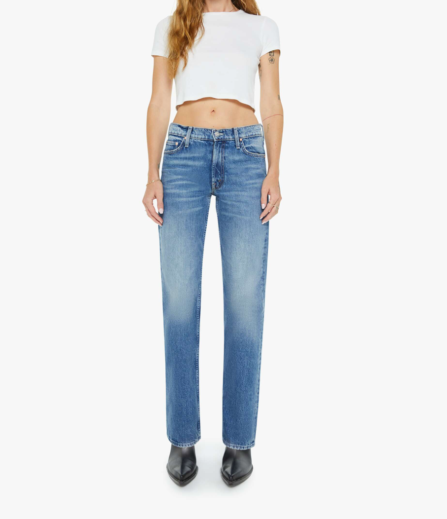 Close-up of MOTHER's The Reifler in Early Blue highlighting the 100% cotton fabric and clean hem.