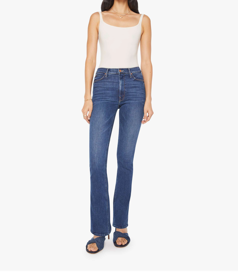 High Waisted Runaway in Start Your Engines worn by a model, highlighting the high rise and 35-inch inseam fit.