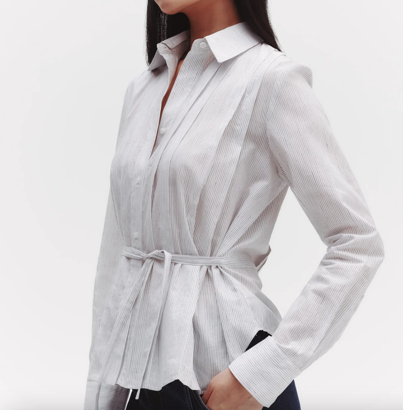 Francesa Top in White/Charcoal Faint Linen Stripe