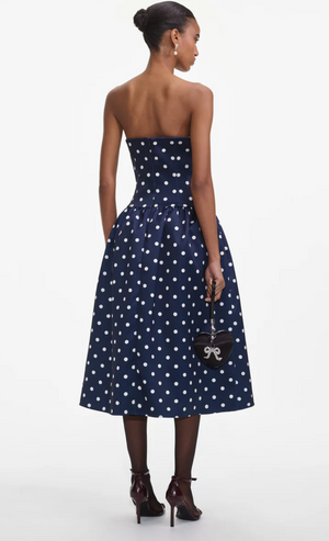 Navy Polka Dot Satin Midi Dress