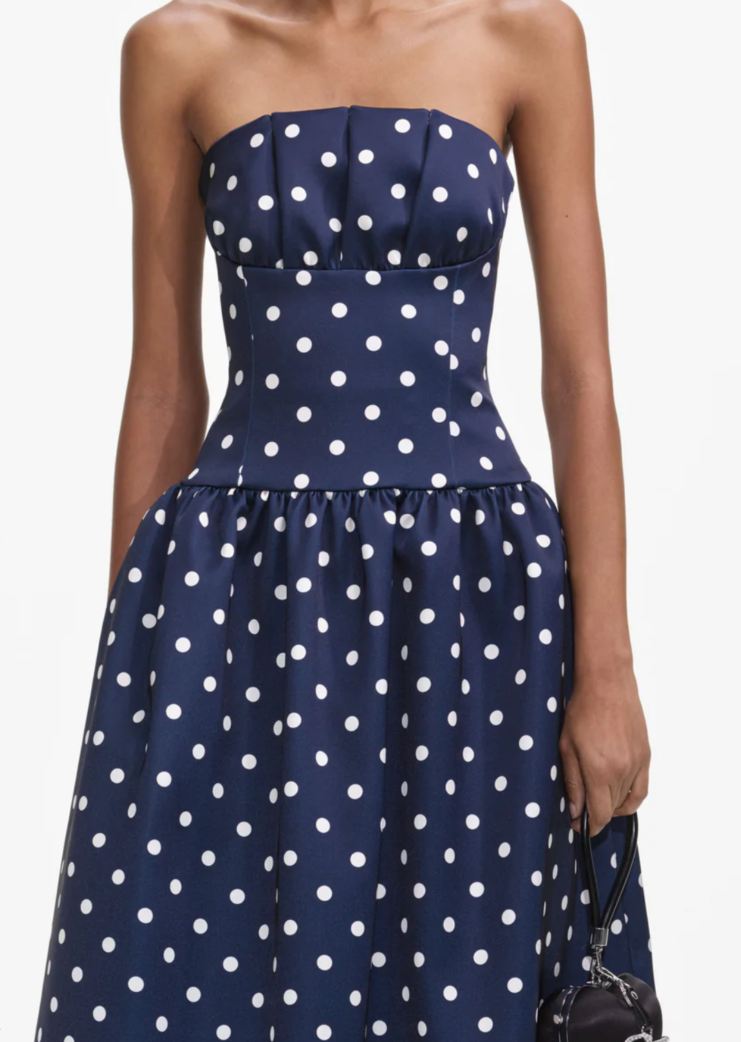 Navy Polka Dot Satin Midi Dress