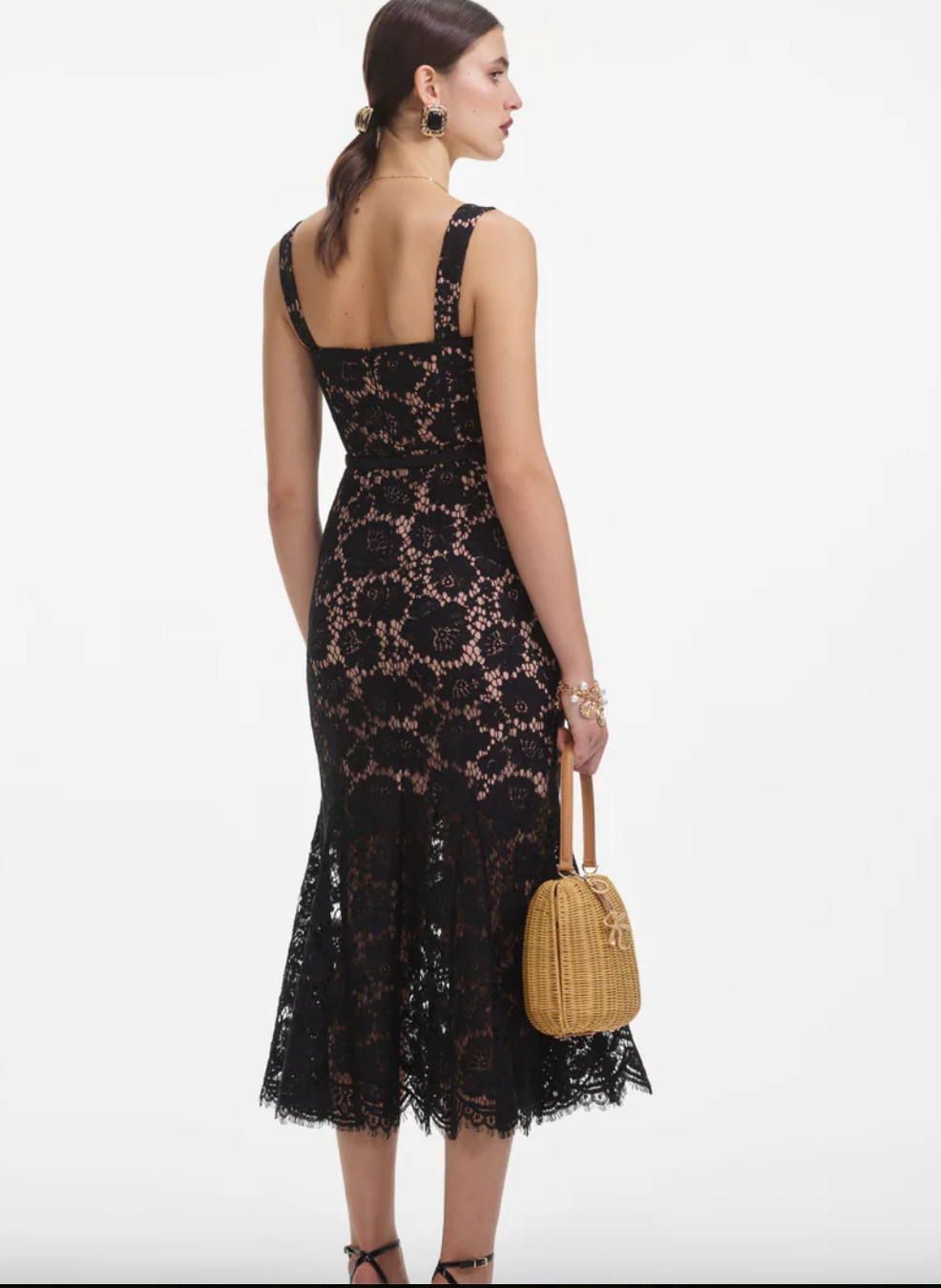 Fine Lace Midi Dress in Black