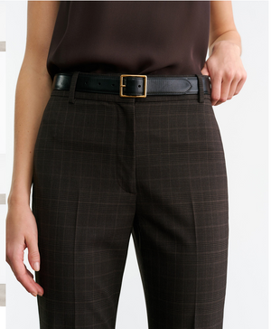 Model wearing Corette Wool Pant in Cigar Plaid by Nili Lotan - styled outfit perfect for casual or business wear.