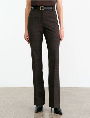 Close-up of Corette Wool Pant in Cigar Plaid by Nili Lotan, emphasizing fabric texture and quality.