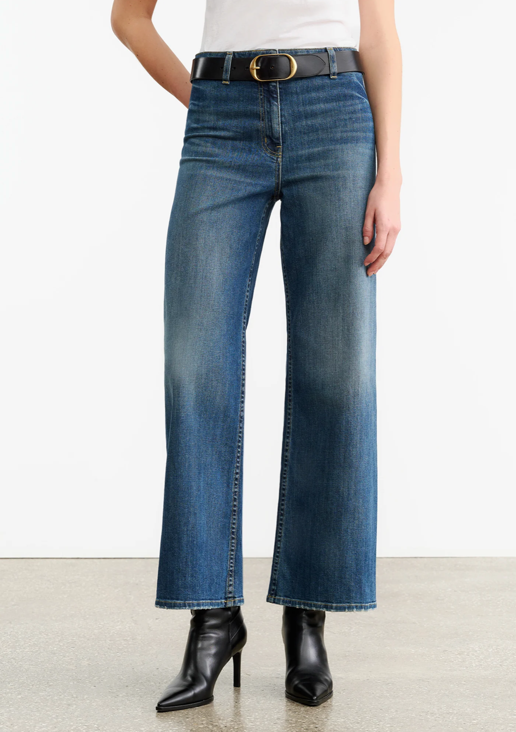 Side view of the Megan Jean in Classic Wash, illustrating the cropped ankle length and relaxed wide leg style by Nili Lotan.