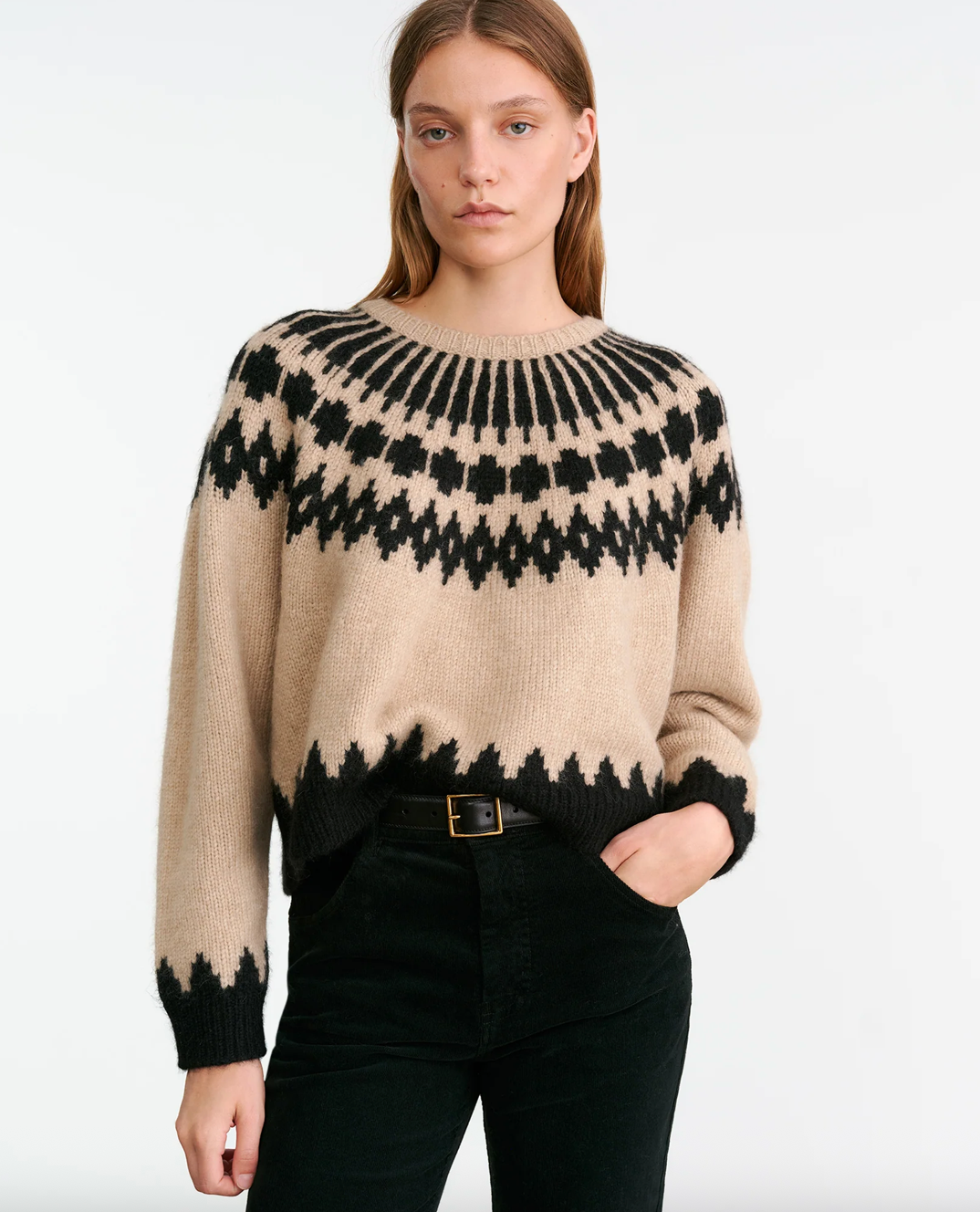 Model wearing Alena Sweater in Light Camel Fair Isle by Nili Lotan, demonstrating its relaxed silhouette and raglan sleeves.