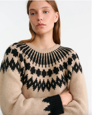 Back view of the Alena Sweater in Light Camel Fair Isle showcasing its stylish cropped design and soft texture.