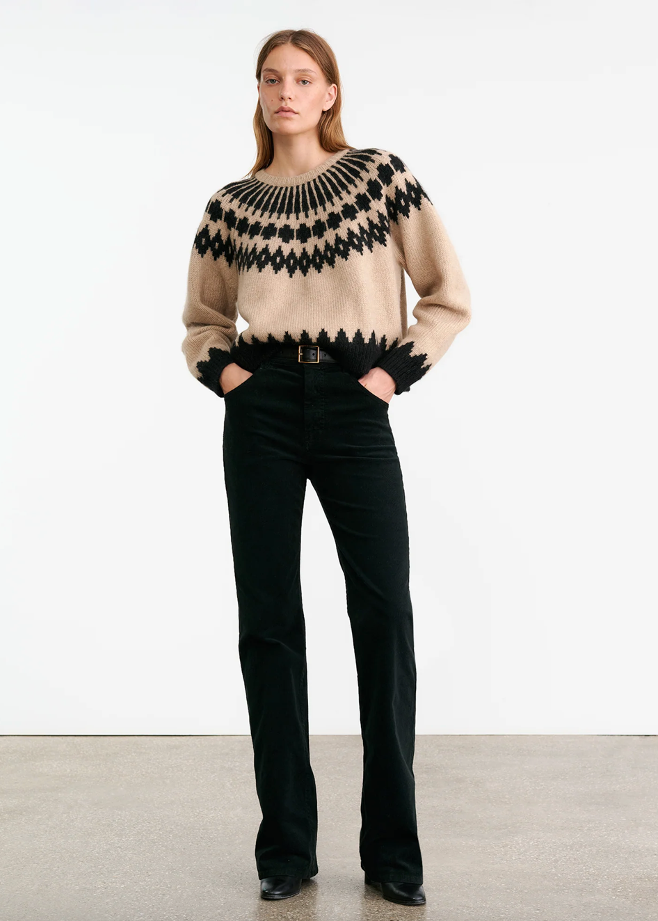 Alena Sweater in Light Camel Fair Isle by Nili Lotan featuring a chunky weight and cropped, boxy fit.