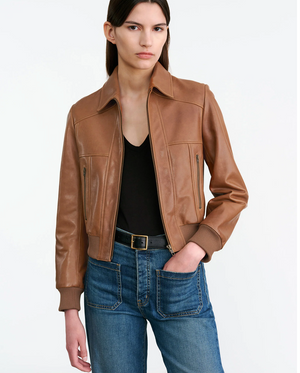 Back view of Sue Leather Jacket in Cognac, displaying its fully lined interior and stylish fit.