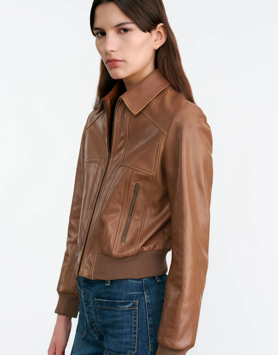 Sue Leather Jacket in Cognac laid flat, emphasizing the high-quality calfskin leather material.