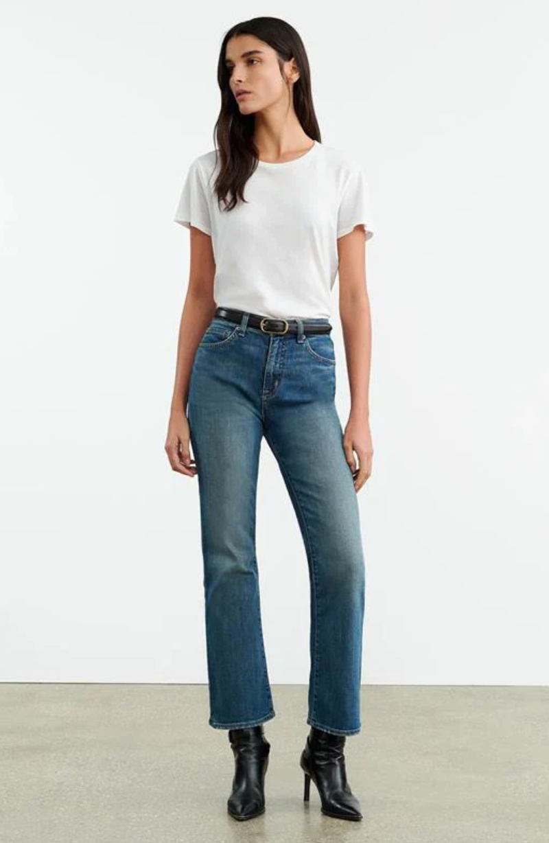 Nili Lotan Boot Cut Jean in Classic Wash showcasing cropped design and five pocket details.