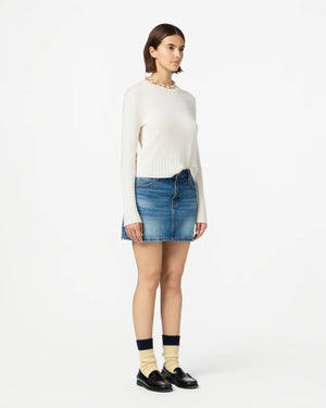 Back view of Shrunken Crew in Cream highlighting signature branding and stylish rib trim hem.