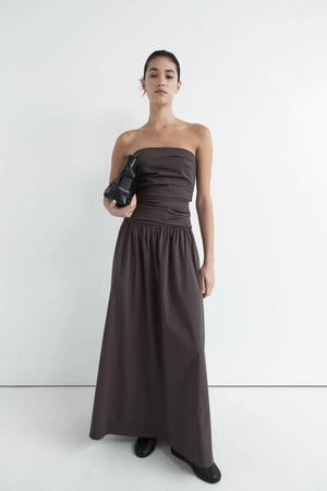 Gathered Strapless Tie Back Dress in Chocolate Plum