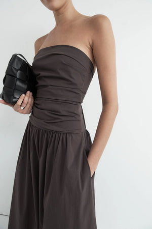 Gathered Strapless Tie Back Dress in Chocolate Plum