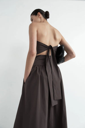 Gathered Strapless Tie Back Dress in Chocolate Plum