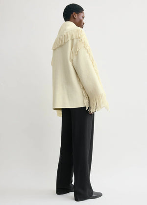 Front view of the Fringed Scarf Jacket in Winter White, perfect for winter fashion and layering.