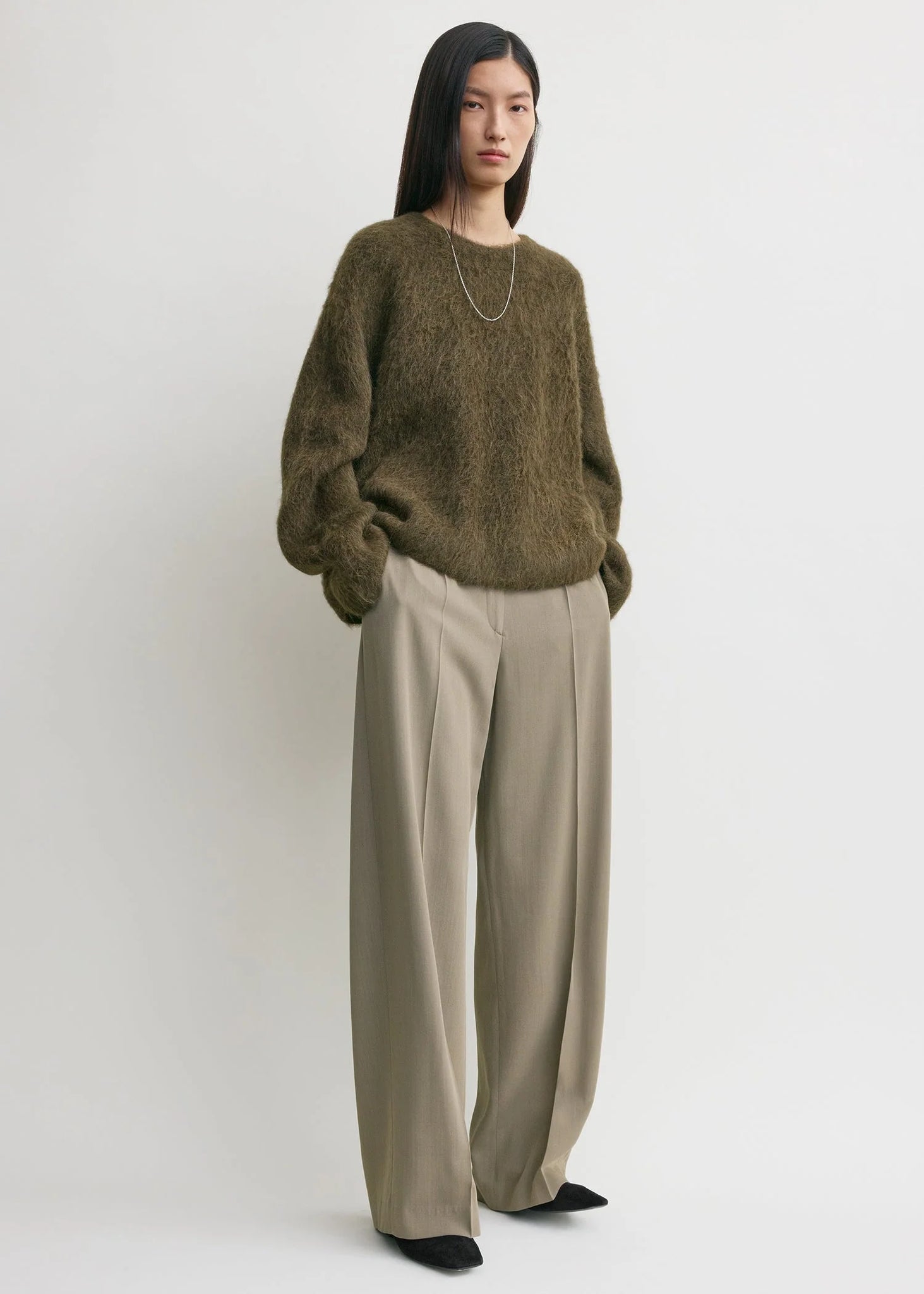 Stylish Boxy Alpaca Knit in Pepper showcasing dramatic boxy shape and long sleeves from TOTEME.