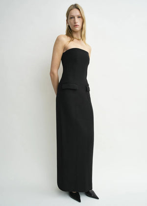 Chic front view of the TOTEME Strapless Pocket Dress in Black made from mid-weight bonded crepe.