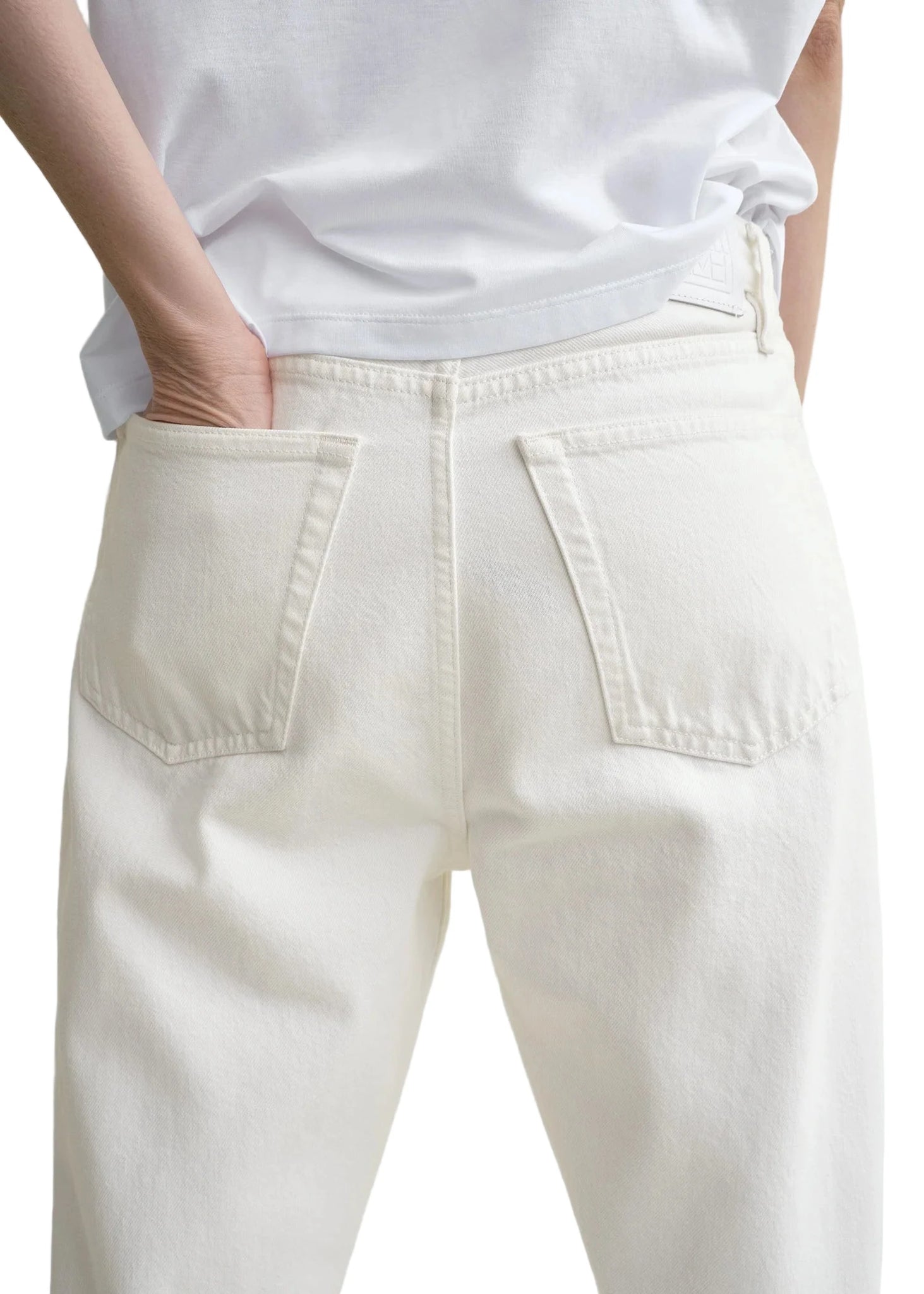 Twisted Seam Full Length Jean in Off-white styled with a casual outfit, perfect for versatile wardrobe choices.