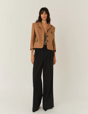 Classic button row of the Mitch Fitted Jacket in Camel by THE GARMENT.