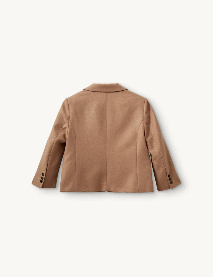 Model wearing the Mitch Fitted Jacket in Camel, highlighting its stylish fit.
