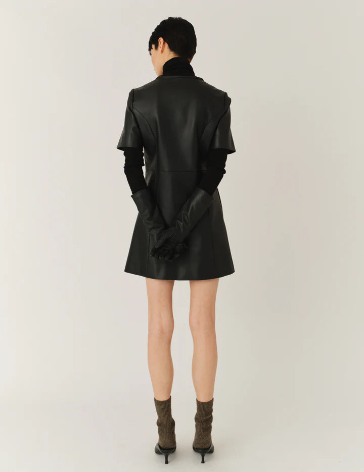 Stylish Brooklyn Mini Dress in Black highlighting the feminine silhouette and side pockets.