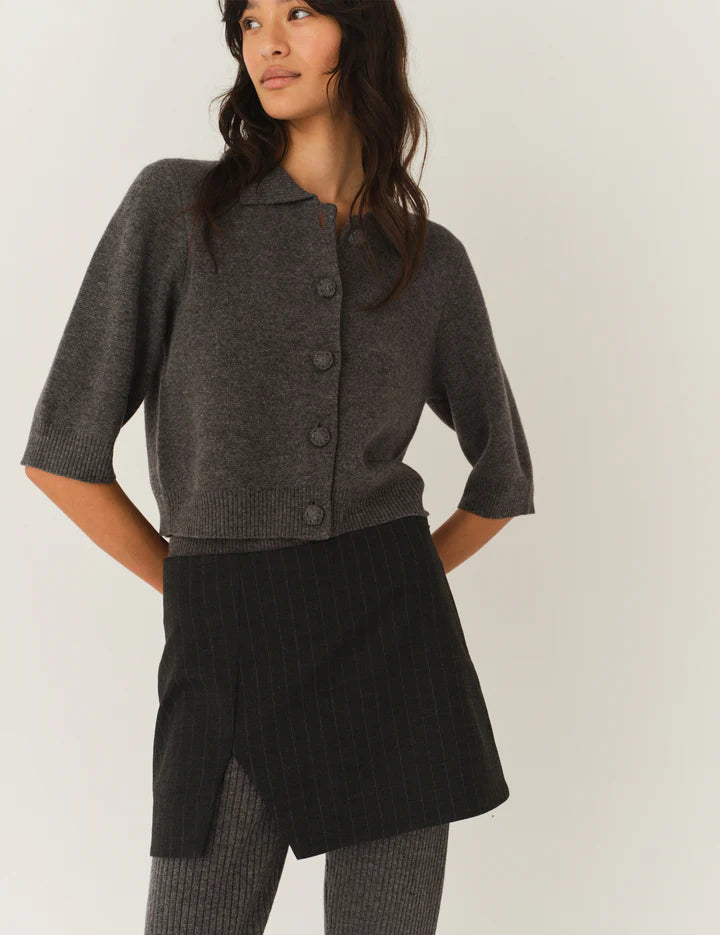 Close-up view of the Como Short Cardigan in Grey Melange, highlighting the soft wool-cashmere blend fabric.