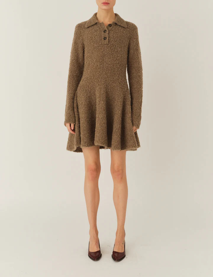 Close-up of Balboa Volume Dress in Praline highlighting the collared neckline and button placket.