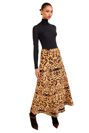 Close-up of the Lani Skirt in Bengal, showcasing the intricate jacquard knit pattern and elastic waist for comfort.