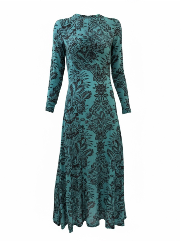 Ulla Johnson Naia Long Sleeve Ruched Dress in Ocean Flora featuring a stunning floral print on a soft stretch jersey fabric, perfect for an elegant occasion.