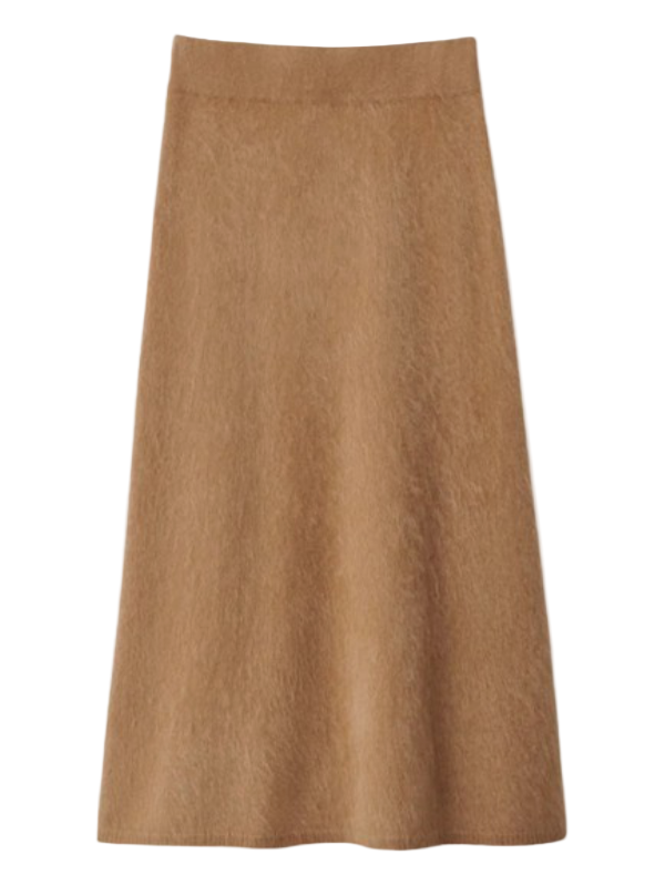 Asta Skirt in Toffee by Lisa Yang showcasing its luxurious brushed cashmere fabric with a plush, soft texture.