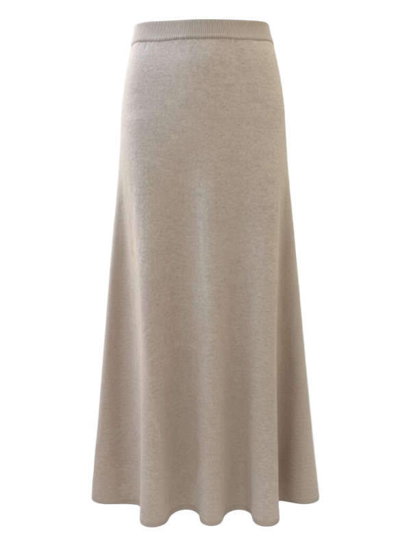 Elegant Dolly Skirt in Sand, crafted from soft 100% cashmere, featuring a relaxed A-line silhouette and an elasticated waistband, perfect for transeasonal luxury wear.