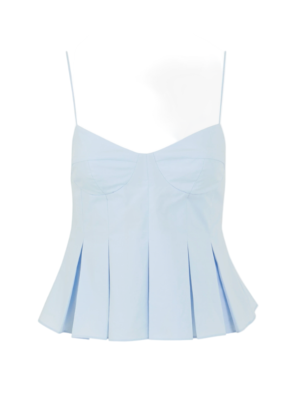 Iris Pleat Top in Blue Tint featuring a sleek cotton bustier silhouette with defined cup details and waist pleats.