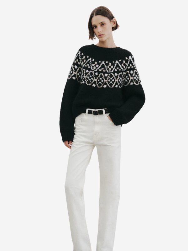 Nili Lotan Chrissy Sweater in Black - Model wearing relaxed boxy design with medium body length