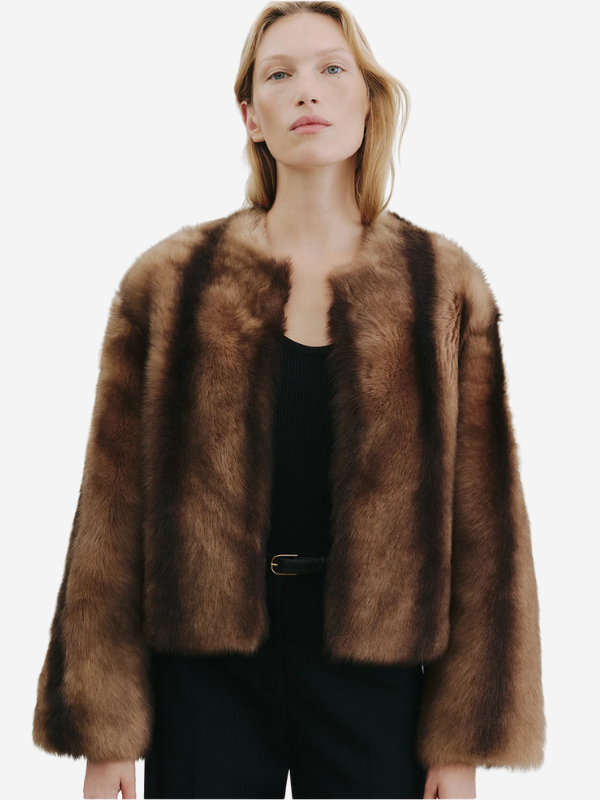 Stylish Elan Shearling Jacket in Camel/Brown by Nili Lotan showcasing a relaxed fit and fur hook closure.