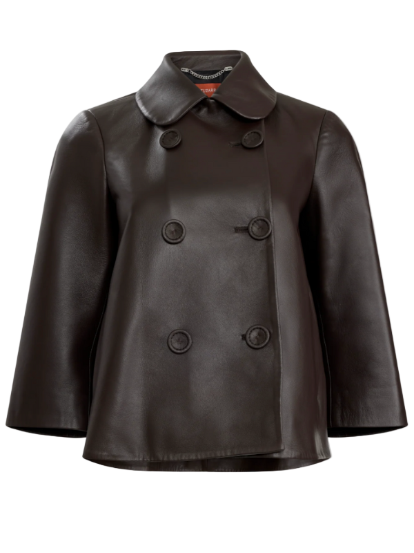 Front view of the Hayden Jacket in Tobacco by Altuzarra, showcasing its elegant double-breasted button closure and wide sleeves.