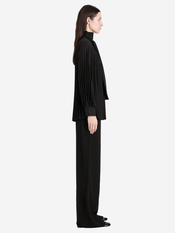 Close-up of the necktie detail on the Soomin Top in Black by Proenza Schouler.