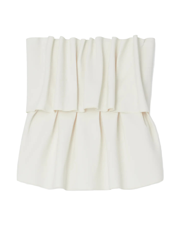 Sculpted Tube Top in White by House of Dagmar featuring artful draping and a layered look, perfect for casual and stylish outfits.