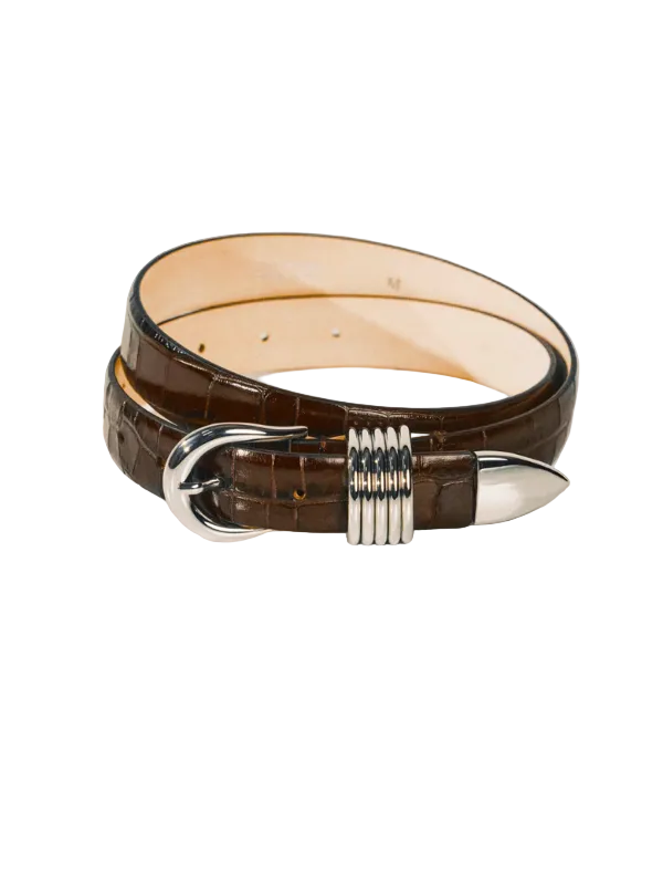 Hollyhock Croco in Dark Chocolate/Silver - Elegant embossed Italian leather belt by Déhanche with five rings adornments.