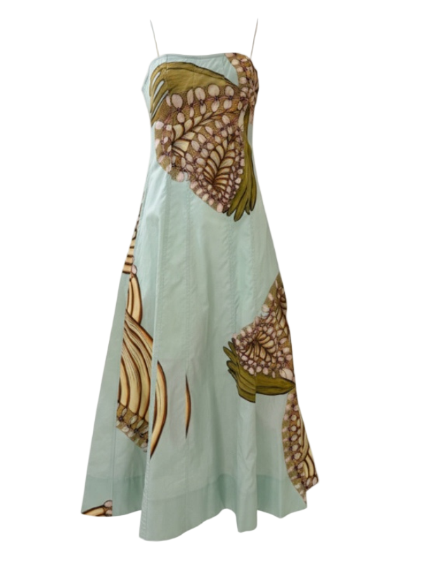 Elegant Vesela Cami Midi Dress in Water Blossoms by Ulla Johnson, showcasing a fitted bodice and flowy a-line skirt with intricate floral patterns.