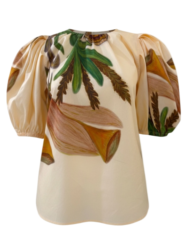 Ravena Puff Sleeve Top in Inner Nature featuring vibrant floral print with puffed short sleeves and a round neckline, designed by Ulla Johnson.