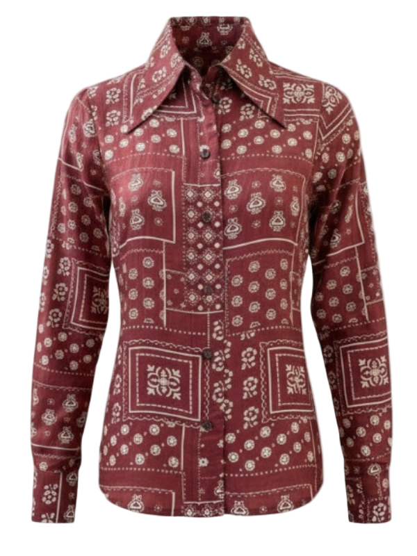 Dolly Silk Shirt in Saddle by Alix of Bohemia, featuring a vintage bandana print design with a slim-fitting cut and '70s dagger collar, crafted from luxurious silk fabric.