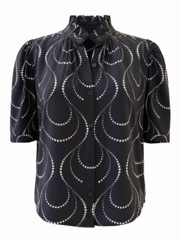 Winn Shadow Scallop Top in Black featuring short puffed sleeves, a ruffled collar, and elegant button front, crafted from 100% silk with a vintage-inspired design, highlighted by sophisticated swirl patterns and French seams.