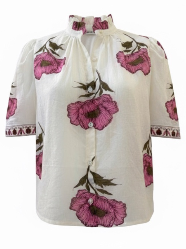 Luxury Winn Fuchsia Poppy Shirt in Off-White, featuring vibrant pink poppy floral print, ruffled collar, and mother-of-pearl buttons, crafted in soft cotton voile by Alix of Bohemia.