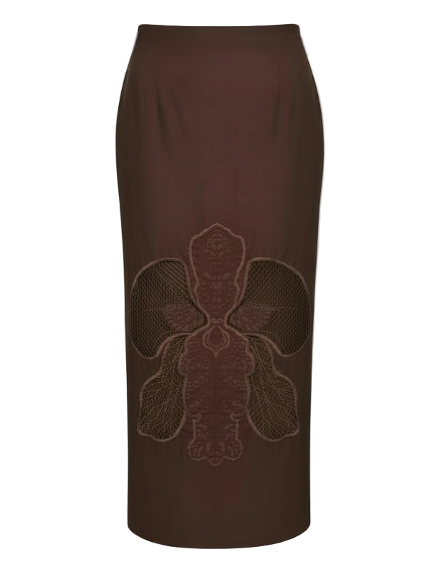 Leonie Skirt in Arabica featuring hand-drawn orchid embroidery by CLEA, showcased in a full-length view.