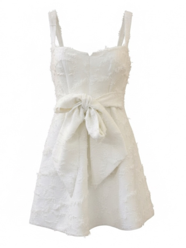 Elegant Rue Jacquard Mini Dress in White featuring a squared neckline, structured mini-length skirt, and a decorative self-belt, perfect for luxurious occasions.