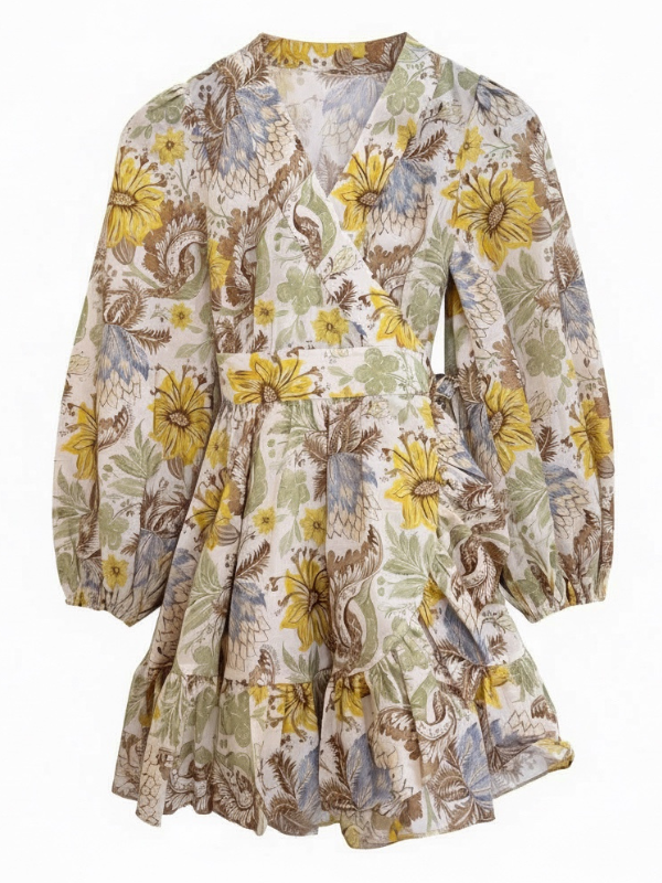 Daylight Mini Wrap Dress in Stamp Floral Cream featuring a vibrant floral pattern with yellow and blue accents, long billowing sleeves, and ruffled hem, designed by Zimmermann.