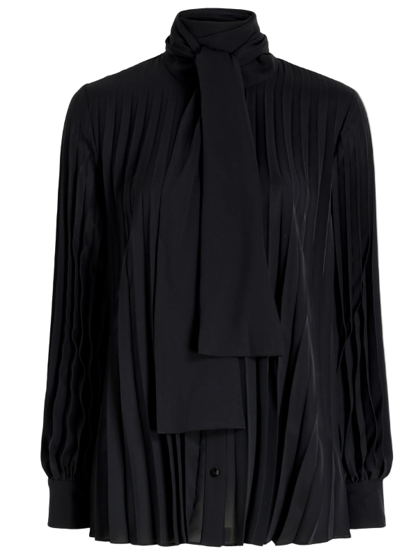 Soomin Top in Black featuring delicate accordion pleats and button-front closures.